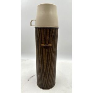 VTG THERMOS Vacuum Bottle Hot Cold Faux Wood Grain 1970's King-Seeley Qt Sz